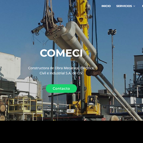Planta industrial con grúa amarilla y tuberías, personal y maquinaria; texto “COMECl” sobre fondo azul.