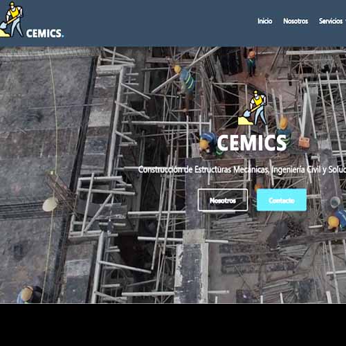 Trabajadores y andamios en obra de construcción, con logotipo CEMICS y botones de navegación.