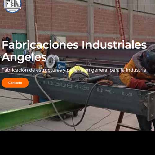 Trabajador soldando una estructura metálica en taller industrial, con texto “Fabricaciones Industriales Angeles” sobreimpreso.