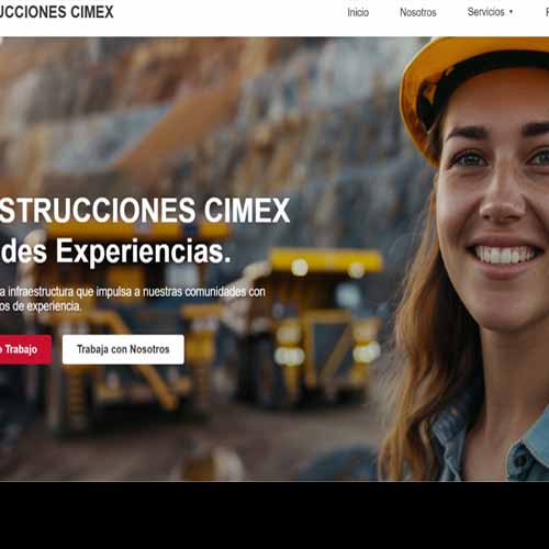 Mujer sonriente junto a un sitio industrial con maquinaria y texto promocional de CIMEX Construcciones.
